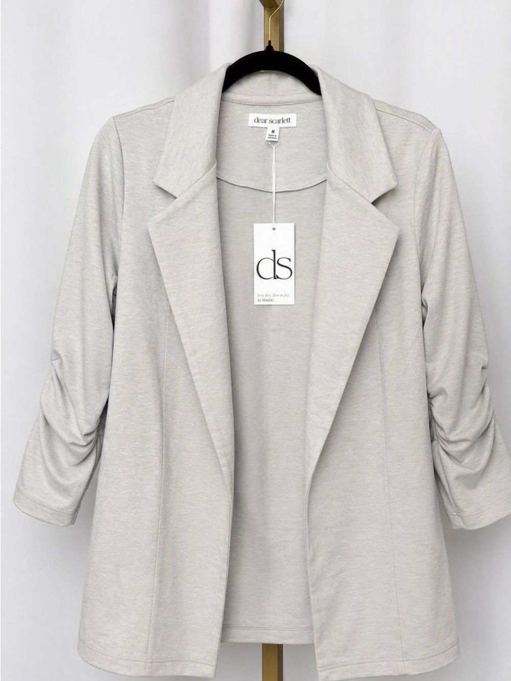dear Scarlett Light Gray Open-Front Blazer with Ruched Sleeves
